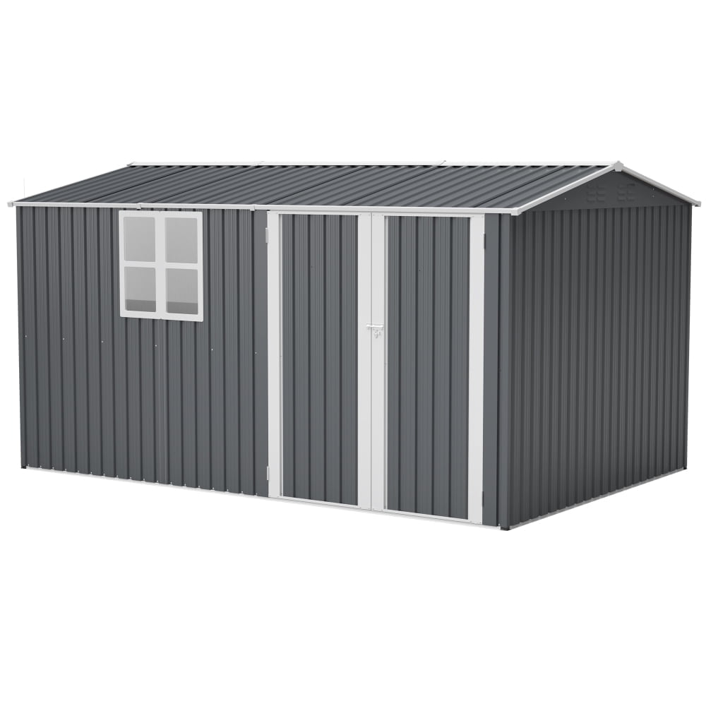8x12 FT Steel Storage Shed, With Floor frame，Hinged Gray Doors & 4 Ventilation Openings with Window for Patio & Garden Use