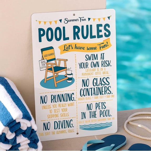 8x12 Funny Pool Rules Sign - 'Summer Fun' with Playful Swimming Guidelines - Humorous Indoor/Outdoor Decor White