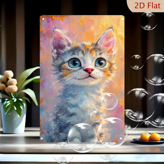8x12 Inch Abstract Oil Painting Wall Art, Cute Kitten Portrait with Blue Eyes on Vibrant Warm Color Background, Impressionist Cat Canvas Print for Living Room Bedroom Decor