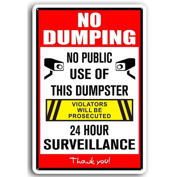 8x12 Inch Aluminum No Dumping Sign No Public Use of Dumpster, Dumpster Surveillance Warning, 24 Hour Security, Red and Black Metal for Yard Outdoor Use