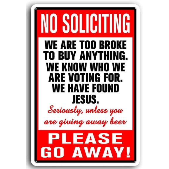 8x12 Inch Aluminum No Soliciting Please Go Away Sign Metal Funny No Soliciting Sign for Front Door and House Home or Business Weather Resistant, Waterproof, Durable Ink