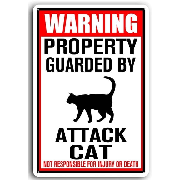 8x12 Inch Aluminum Warning Property Guarded by Attack Cat Sign Metal Beware Sign for Yard Outdoor Use, Cat Lover Gifts