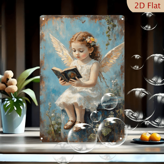 8x12 Inch Angel Girl Reading Book Metal Wall Art, Classical Painterly Illustration of Cherub with Wings in White Dress on Blue Stone Ruin, Serene Vintage Home Decor for Living Room Bedroom