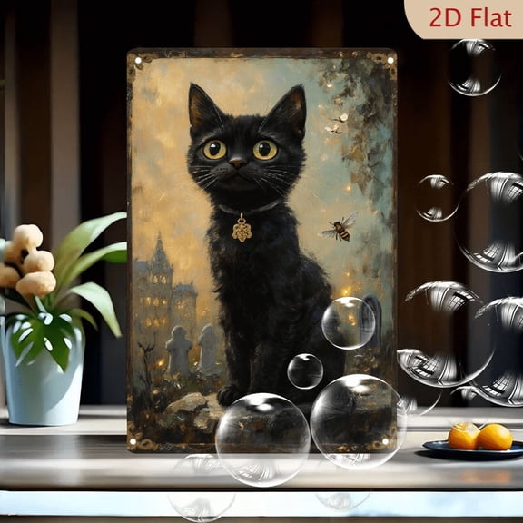 8x12 Inch Black Cat in Mystical Graveyard Painting, Gothic Twilight Scene with Tombstones and Golden Pendant, Vintage Antique Border Wall Art for Home Decor