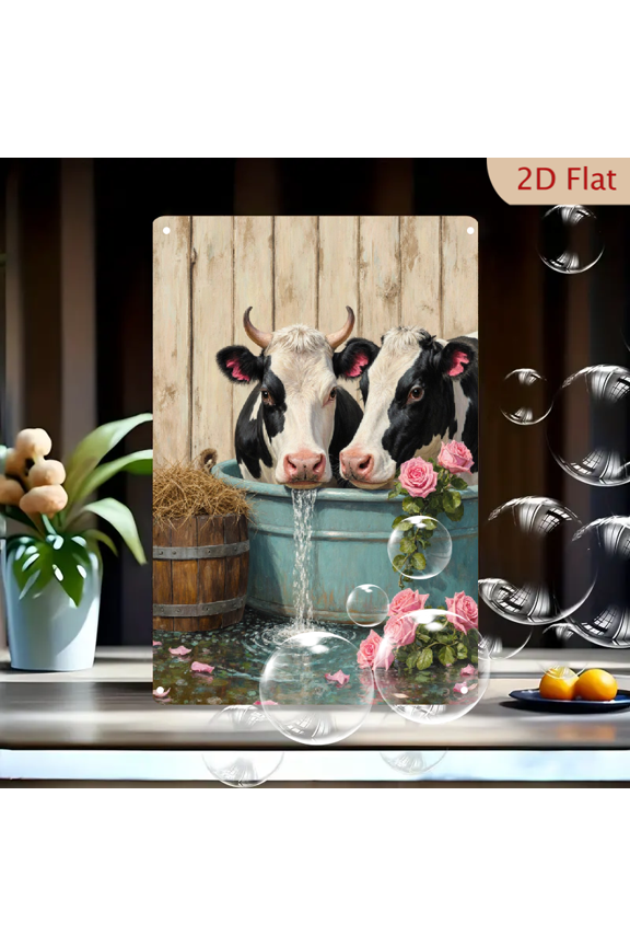 8x12 Inch Black and White Cows Drinking Water Rustic Barn Wall Art Metal Tin Sign, Pink Roses Hay Barrel Vintage Farmhouse Decor for Kitchen Living Room