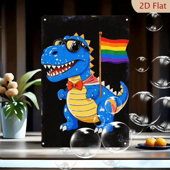 8x12 Inch Blue Cartoon Dinosaur with Sunglasses and Rainbow Flag Metal Wall Art, Pop Style LGBTQ+ Pride Sticker Decor for Home Office