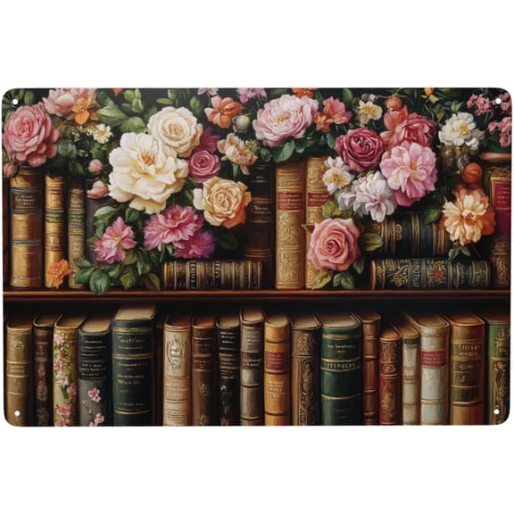 8x12 Inch Classical Books & Blooming Flowers Metal Tin Sign, Art Wall Decor for Office Bedroom Lounge