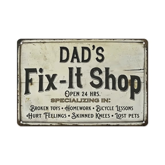 8x12 Inch Dad's Fix-It Shop Metal Sign, Vintage Distressed Rustic Garage Workshop Wall Art Plaque, Rust-Proof Weatherproof Decor for Home, Garage, Man Cave