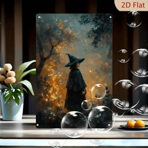 8x12 Inch Enchanted Forest Metal Wall Art, Mystical Witch Wizard in Dark Cloak with Golden Light and Fireflies, Fantasy Nature Painting for Home Decor