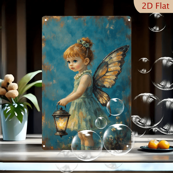 8x12 Inch Fairy Girl with Butterfly Wings Vintage Lantern Art Print, Painterly Fantasy Forest Wall Decor for Bedroom Living Room, Light Teal Dress Blue Eyes Reddish-Blonde Hair Metal Tin Sign