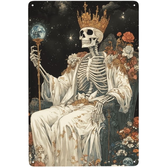 8x12 Inch Fantasy Skeleton And Celestial Throne Metal Tin Sign, Vibrant Modern Wall Art Poster For Den Library Entryway, Easy To Hang Mystical Decor