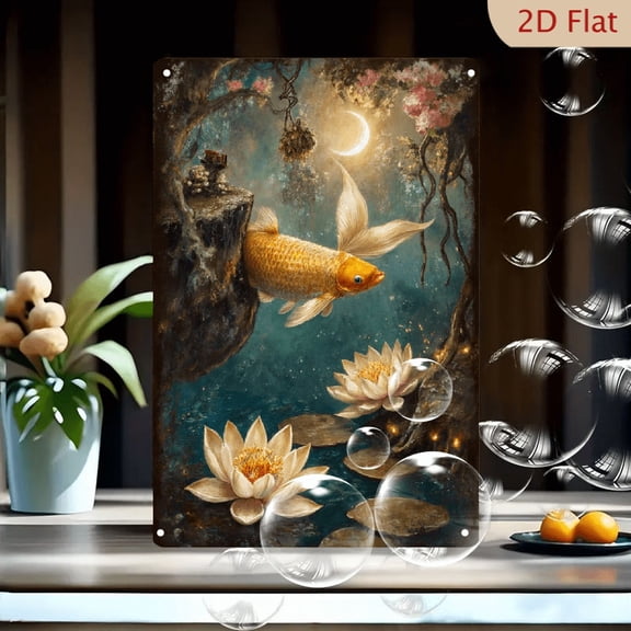 8x12 Inch Fantasy Underwater Goldfish Art, Magical Bioluminescent Fish with White Water Lilies, Enchanted Forest & Moonlight Wall Decor, Teal Blue Fairy Tale Metal Tin Sign for Home