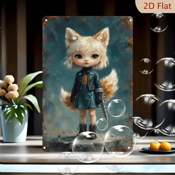 8x12 Inch Fox Girl Punk Art Metal Wall Decor, Anthropomorphic Character with Purple Eyes, Spiked Baton, Leather Jacket & Combat Boots, Fantasy Streetwear Style Abstract Background for Home Office
