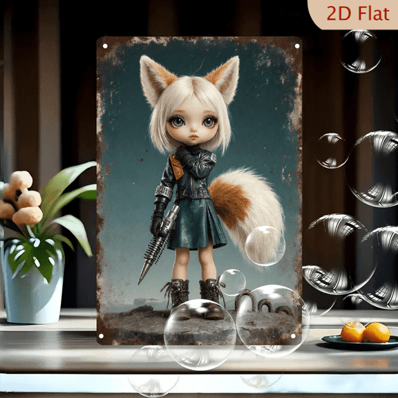 8x12 Inch Fox Punk Girl Art Print, Anthro Character with Purple Eyes and Leather Jacket on Rocky Cliff, Vintage Rusty Border Metal Wall Decor for Home Office