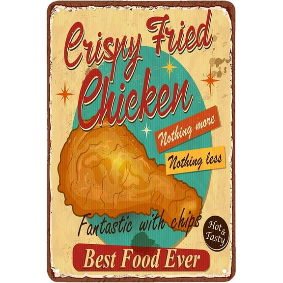 8x12 Inch Fried Chicken Tin Sign,Vintage Crispy Fried Chicken Metal Tin Sign For Wall Decor For Burger Bar Fast Food Restaurant Shop Kitchen Dining Room Hall;Refectory,Dessert Shop