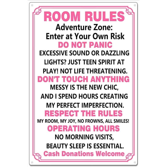 8x12 Inch Funny Room Rules Sign - Cute Room Rules Sign Pink Preppy Room Bedroom Decor for Teen Girls, Ideal Gift for Birthdays and Holidays, Perfect for Tween Rooms and Fun Room Decorations