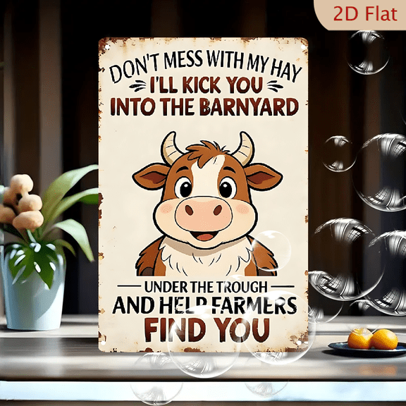 8x12 Inch Funny Vintage Cow Poster, Rustic Metal Farm Wall Art Sign with Sassy "Don't Mess With My Hay" Quote, Distressed Barnyard Decor for Kitchen or Barn