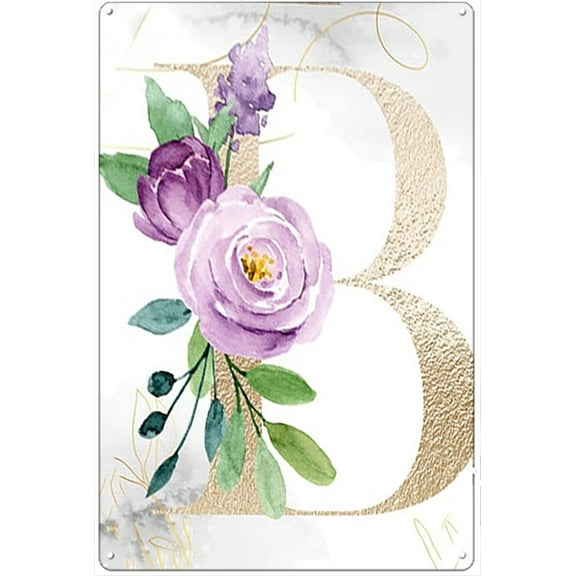 8x12 Inch Gold Initial Sign,Desk Gifts For Her, Purple Gold Desk Decor,Boss Gifts For Women,Floral Letter Sign Office Metal Sign
