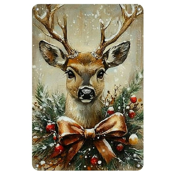 8x12 Inch Iron Vintage Metal Tin Sign, Christmas Reindeer Wall Art for Home Decor, Festive Wall Hanging