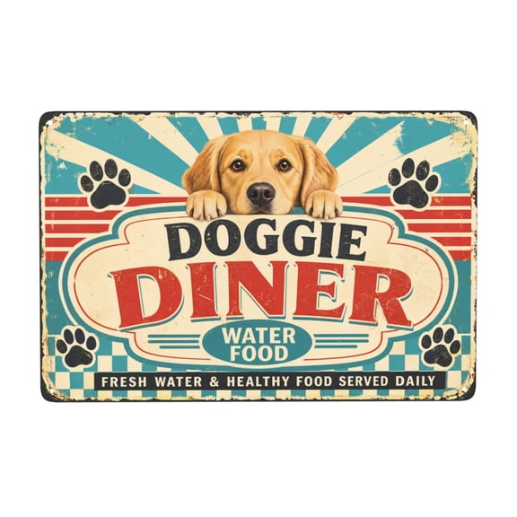 8x12 Inch Iron Wall Decor Sign for Dog Lovers - Doggie Diner Theme with Paw Prints - Vintage Style Metal Decorative Plaque for Kitchen or Cafe - Indoor Outdoor Use with Pre-Drilled Holes