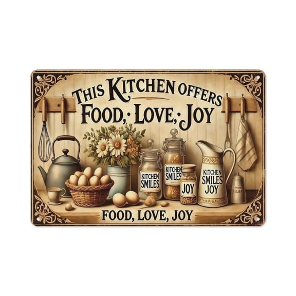 8x12 Inch This Kitchen Offers Food Love Joy Metal Sign, Vintage Distressed Rustic Kitchen Quote Wall Art Plaque, Rust-Proof Weatherproof Decor for Home, Kitchen, Dining Room