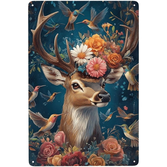 8x12 Inch Metal Poster, Exquisite Artistic Tinplate Plaque Of Mythical Stag In Blue Forests, Unique Artwork For Zen Den Meditation Room, Rustic Interiors,Vibrant Design