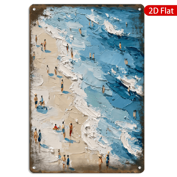 8x12 Inch Metal Wall Art Abstract Textured Beach Scene Impasto Ocean Waves Rustic Wall Decor Single Piece