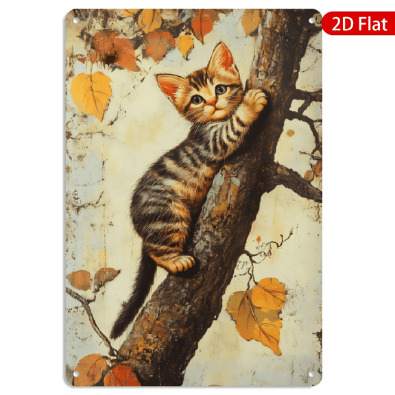 8x12 Inch Metal Wall Art, Adorable Tabby Kitten Climbing Tree Painting Design, Rustic Autumn Decor for Home Office 1pc