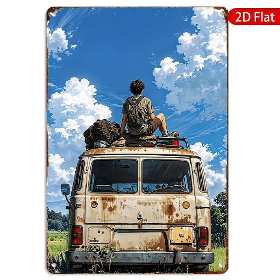 8x12 Inch Metal Wall Art, Adventure Road Trip Van Scene Rustic Decor, Weathered Travel Landscape Print on Durable Metal for Home Office Bedroom Wall Decoration 1pc