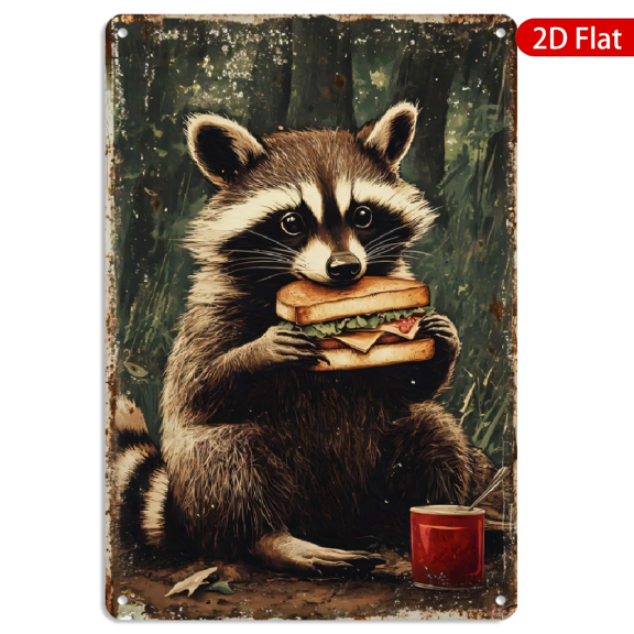8x12 Inch Metal Wall Art, Anthropomorphic Raccoon Eating Sandwich Vintage Forest Design Decorative Sign 1pc for Rustic Home Kitchen Decor