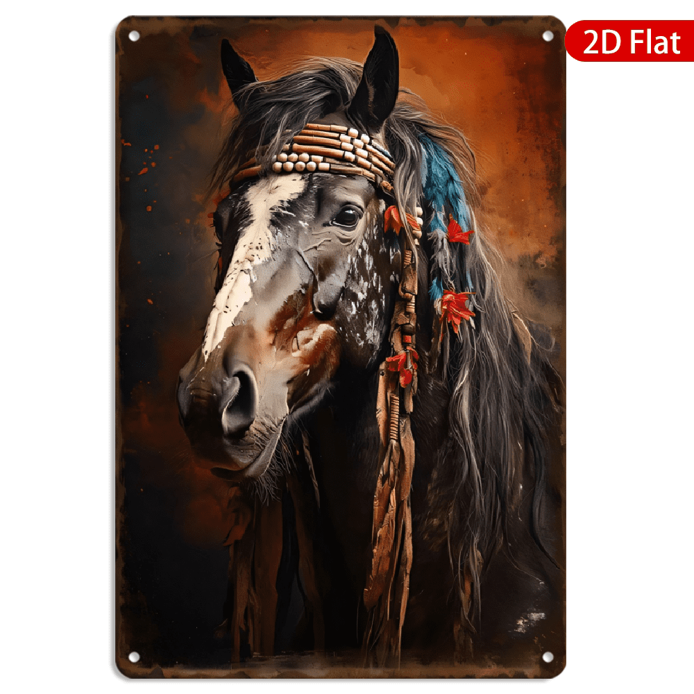 8x12 Inch Metal Wall Art, Artistic Horse Portrait with Ornate Feathers ...