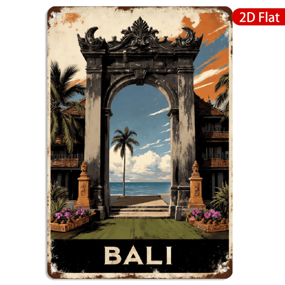 8x12 Inch Metal Wall Art, Bali Tropical Landscape with Stone Arch and Palm Trees Vintage Decor, Retro Weathered Style Hanging Sign for Home Office 1pc