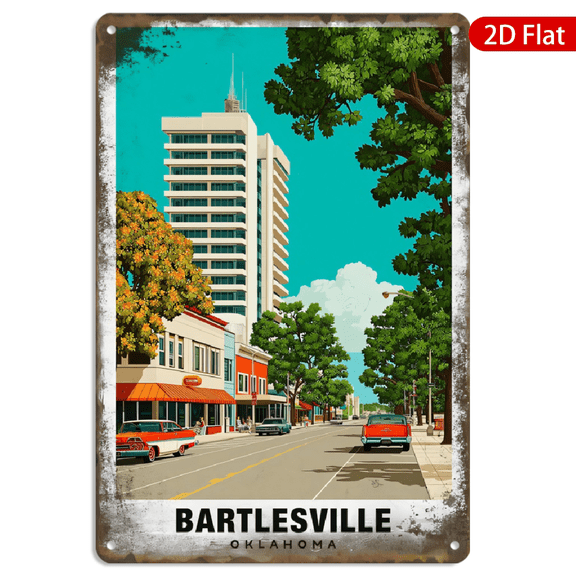 8x12 Inch Metal Wall Art, Bartlesville Oklahoma Vintage Cityscape with Retro Cars and Mid-Century Architecture Design, Decorative Wall Sign 1pc for Home Office Cafe Decor