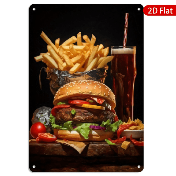 8x12 Inch Metal Wall Art, Burger French Fries and Cola Food Print Rustic Decor, Rectangular Metal Sign for Kitchen Diner Restaurant Wall Decoration 1pc