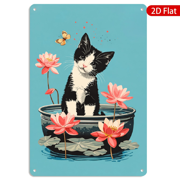 8x12 Inch Metal Wall Art, Cat in Lotus Bowl Design, Rectangular Tin Metal Decor 1pc for Home Bedroom Living Room
