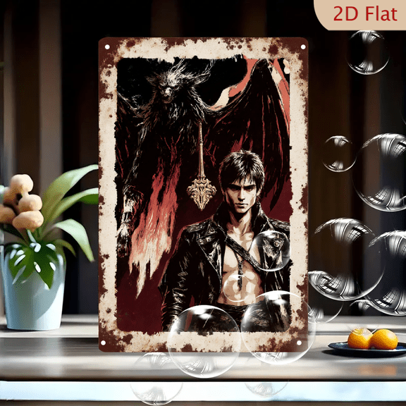 8x12 Inch Metal Wall Art, Comic Style Fantasy Hero with Leather Jacket and Dagger Fighting Demonic Monster, Red Black Horror Action Graphic Novel Decor for Game Room or Bedroom