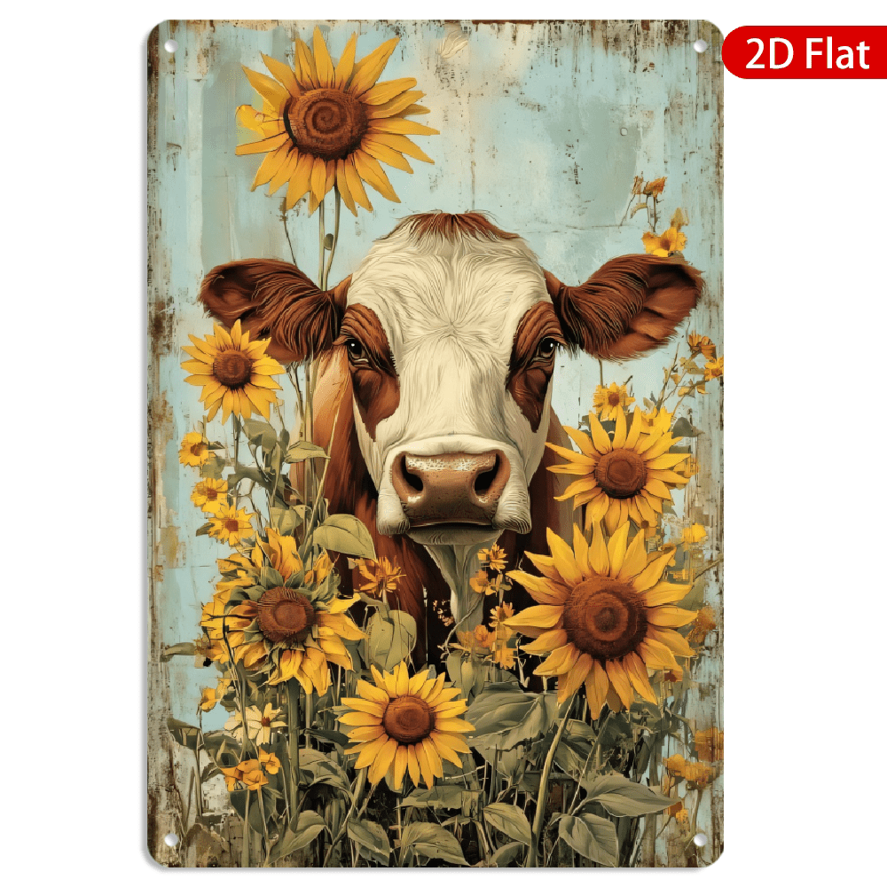 8x12 Inch Metal Wall Art, Cow with Sunflowers Vintage Folk Painting ...