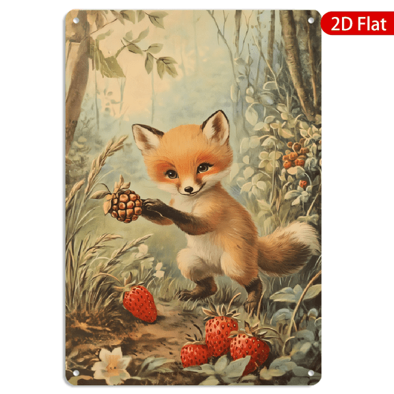 8x12 Inch Metal Wall Art, Cute Fox with Strawberries Woodland Scene Tin Metal Decor 1pc for Home Wall Decor
