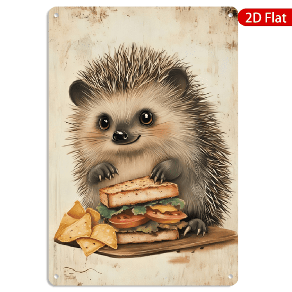 8x12 Inch Metal Wall Art, Cute Hedgehog Holding Sandwich Design Rustic Decorative Sign 1pc for Kitchen Dining Room Decor