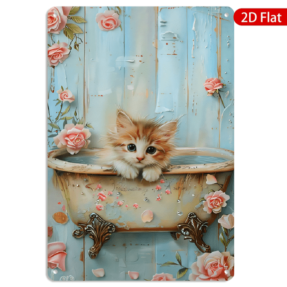 8x12 Inch Metal Wall Art, Cute Kitten in Vintage Bathtub with Roses Floral Decor, Rustic Shabby Chic Wall Sign 1pc for Home Bedroom