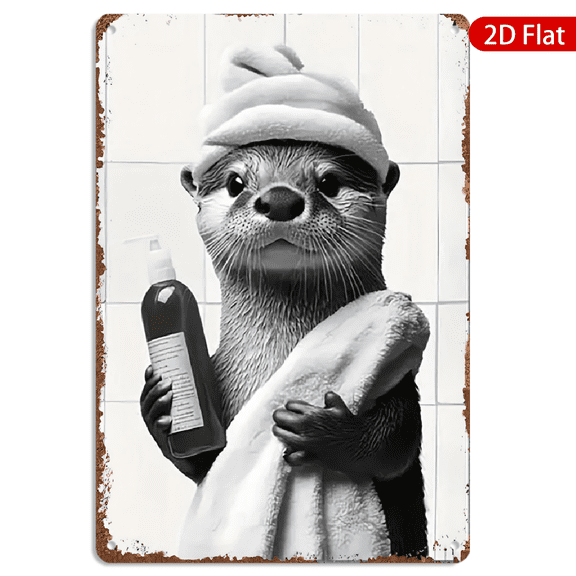 8x12 Inch Metal Wall Art, Cute Otter Wearing Towel Turban Self Care Aesthetic Decor, Vintage Style Rectangular Hanging Sign, Durable Iron Plaque 1pc for Bathroom Spa Room Wall Decoration