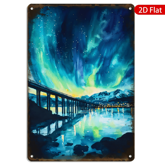 8x12 Inch Metal Wall Art, Dramatic Aurora Borealis Night Sky Watercolor Scene with Pier and Snowy Mountains, Vertical Rectangular Retro Decor 1pc