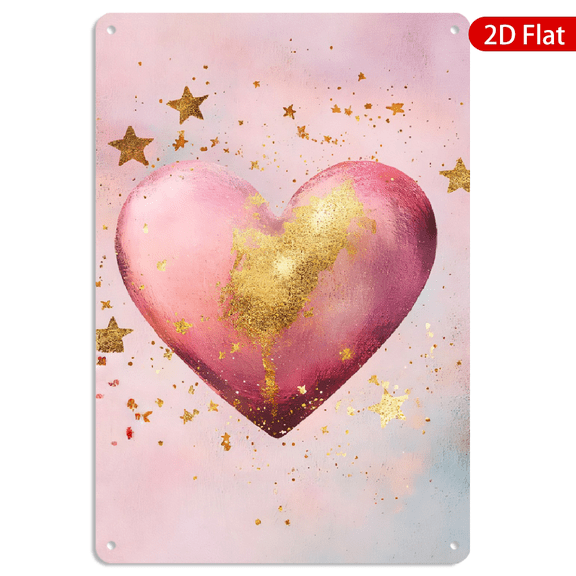 8x12 Inch Metal Wall Art, Dreamy Watercolor Pink Heart with Gold Stars Design, Decorative Tin Sign for Bedroom Living Room Decor, 1pc