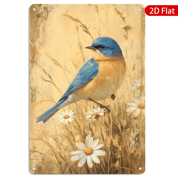 8x12 Inch Metal Wall Art, Eastern Bluebird Perched on Wildflowers Rustic Decor, Vintage Style Floral Wall Sign 1pc for Home Kitchen Garden