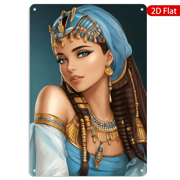 8x12 Inch Metal Wall Art, Egyptian Queen Cleopatra Portrait with Golden Headdress and Ornate Jewelry Retro Decor 1pc for Home Office Bedroom Wall Decoration