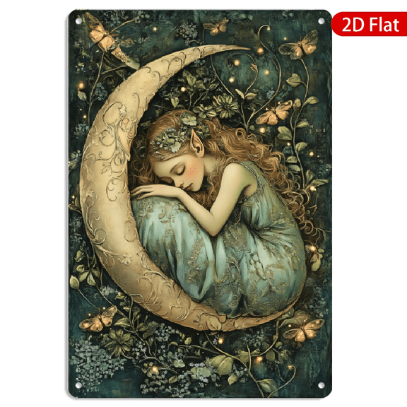 8x12 Inch Metal Wall Art, Ethereal Elf Sleeping on Crescent Moon Fantasy Illustration, Vintage Style Decorative Sign, 1pc for Bedroom Living Room Wall Decor