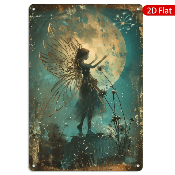 8x12 Inch Metal Wall Art, Ethereal Fairy and Full Moon Fantasy Decor, Vintage Style Painted Illustration for Bedroom Living Room 1pc