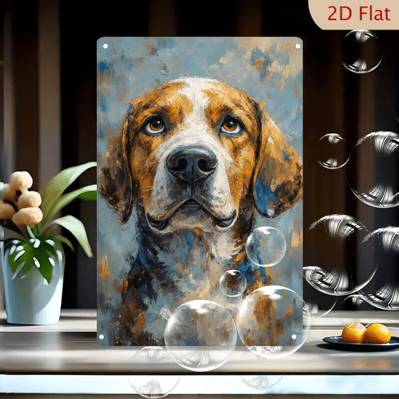 8x12 Inch Metal Wall Art, Expressive Tri-Color Hound Dog Portrait with Soulful Eyes, Abstract Blue Grey Ochre Background, Painterly Style Canvas Print for Home Decor