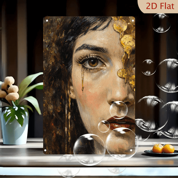 8x12 Inch Metal Wall Art, Expressive Woman Portrait with Gold Drips and Tear, Dramatic Abstract Painting on Iron Canvas for Living Room Decor