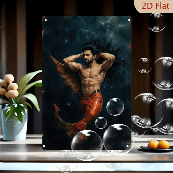 8x12 Inch Metal Wall Art, Fantasy Merman with Golden Wings Floating in Dark Ocean, Vibrant Orange Fish Tail and Muscular Male Figure, Ethereal Underwater Scene for Living Room or Bedroom Decor